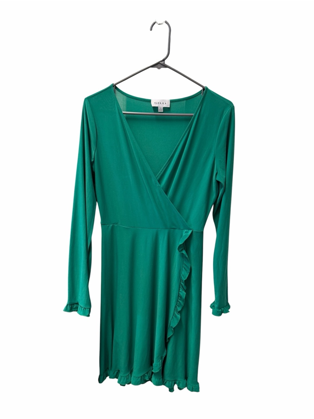 Gilli Emerald Green Faux Wrap Ruffle Dress Women’s Small Long Sleeve